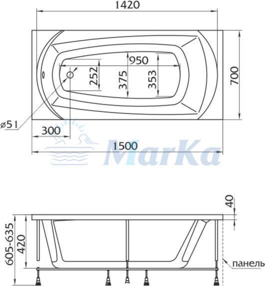 Ванна акриловая 1MarKa Elegance 150x70 см