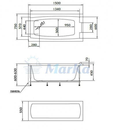 Ванна акриловая Marka One Aelita 150x75 см