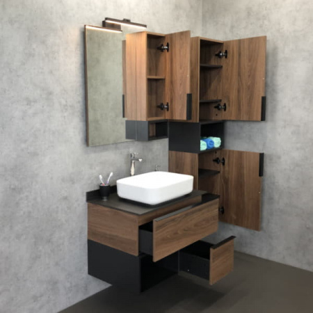 Тумба с раковиной Comforty "Штутгарт-75" дуб тёмно-коричневый с черной столешницей