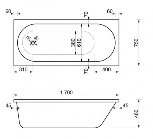 Ванна из искусственного мрамора Эстет Честер 170x75 см