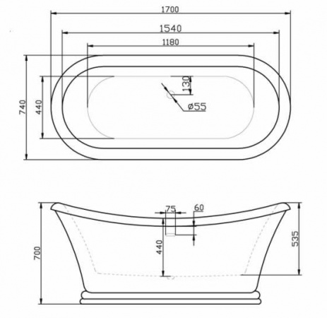 Ванна акриловая BelBagno BB09 170х74 см
