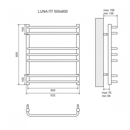 Полотенцесушитель водяной Lemark Luna LM41607 П7 500x600