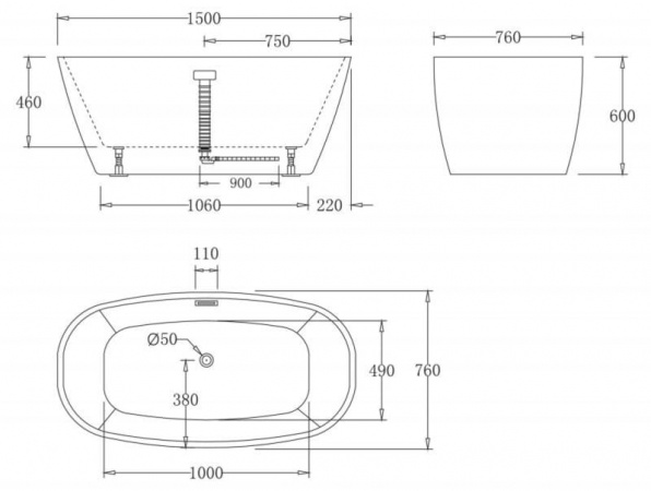 Ванна акриловая BelBagno BB72-1500 150х76 см