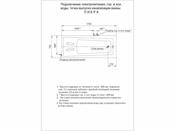 Ванна акриловая Акватек Либра 170x70 см