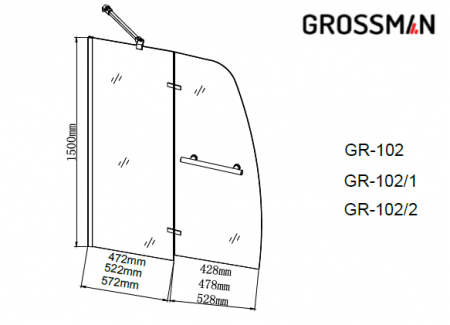 Шторка для ванны Grossman GR-102 150х90 распашная,хром