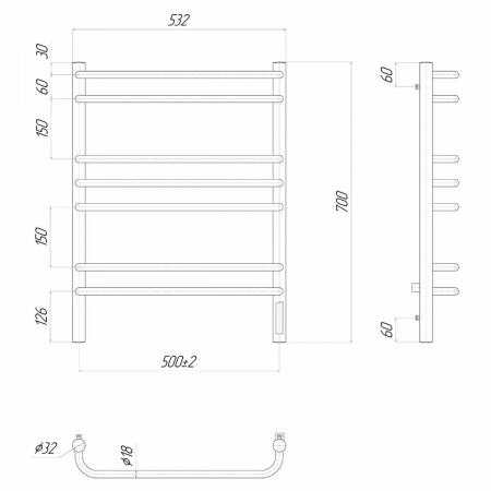 Полотенцесушитель электрический Lemark Luna LM41707Z П7 500x700, диммер справа, хром