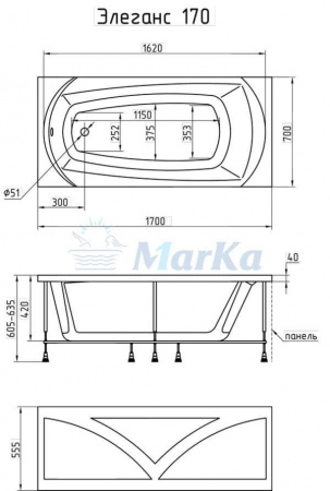 Ванна акриловая 1MarKa Elegance 170x70 см