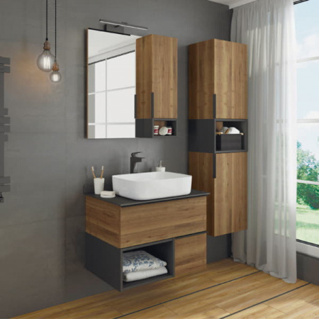 Тумба с раковиной Comforty "Штутгарт-75" дуб тёмно-коричневый с черной столешницей