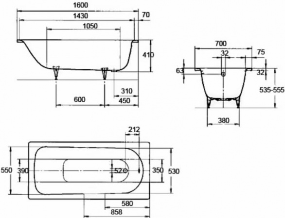 Ванна стальная Kaldewei Saniform Plus 362-1 пустая 160x70 см