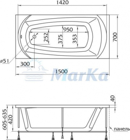 Ванна акриловая 1MarKa Elegance 150x70 см