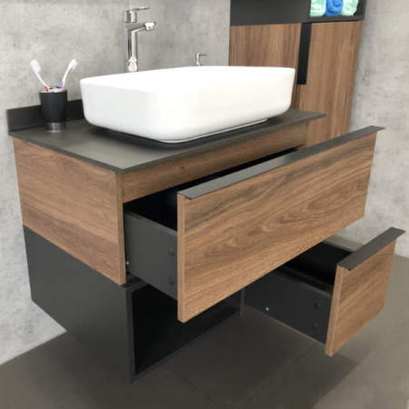 Тумба с раковиной Comforty "Штутгарт-75" дуб тёмно-коричневый с черной столешницей