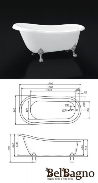 Ванна акриловая BelBagno BB04 170х80 см
