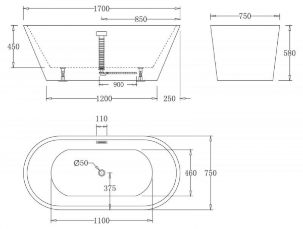 Ванна акриловая BelBagno BB61-1700 170x75 см